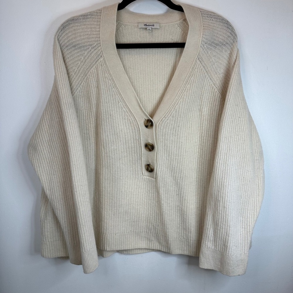 Madewell Cream Ribbed Merino Wool Blend V Neck Button Front Sweater Plus Size 2X